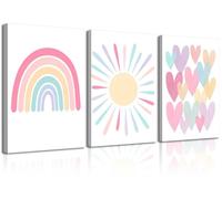 RCJARTI 3Pcs Pink Nursery Canvas Wall Art Rainbow Poster Kids Bedroom Baby Girls Toddler Pastel Wall Decor Prints Sun Boho Pink Sunshine Painting for Classroom School Nursery Decoration 12x16in