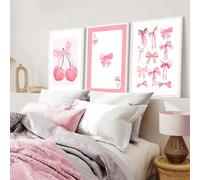 RCJARTI 3Pcs Trendy Pink Bows Wall Art Preppy Watercolor Bows Canvas Posters Prints Girly Aesthetic Wall Decor Pictures for College Apartment Bedroom Decoration, Unframed