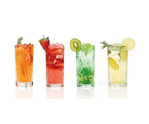 RCR Mixology Highball Cocktail Glasses Set of 4 (44cl) - Tall Drinking Glasses with Cut-Glass Effect Pattern - Ultra-Clear & Durable LUXION© Crystal Glass - Dishwasher Safe