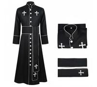 RCULWPLP Priest Robe Cassock Costume Long Sleeve Stand Collar Button Down Cross Patterned Belt Polyester Material Suitable for Men Women Parties Stage Gathering, Black, 2XL