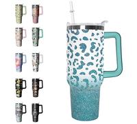 Rcvlauf 40 oz Tumbler with Handle and Straw - Leopard Print Insulated Cup - Leak Proof - Mint Green - Coffee Travel Mug for Women