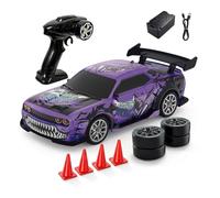 RCXTechPro 1:24 Scale RC Drift Car Racer, 4WD Remote Control 2.4GHz High Speed Sports Car Racing Model With Interchangeable Tires And LED Lights For Adults Enthusiasts (Purple Dragon/1 Battery)
