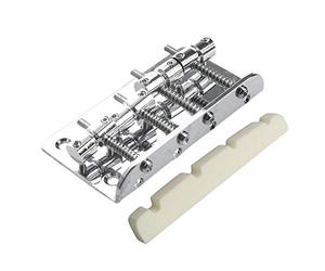 Rdjumpdjo 2 Set Accessories: 1Set Vintage Bass Bridge Assembly for Vintage & 1Set Pre-Slotted Flat Bottom Bone Bass Nut