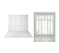 Rdjumpdjo 2Pcs 3X5Ft Vinyl Photography Backdrops Wedding Background for Photo Studio - White Brick Wall Wood Floor & European Window Floor
