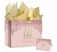RDKOEAKEL Rose Gold Sweet 16 Fabulous Birthday Gift Bag for Girls Large Pink Gift Bag with Wrapping Paper and Card Perfect for Sweet 16 Party, 16th Birthday Decorations, and Party Supplies for Girls