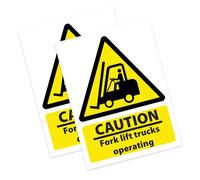 RDLCAR Safety Caution Fork Lift Trucks Operating Sign - High Visibility Warning Sign for Workplace Safety, Clear Caution Message, 300mm x 400mm Portrait - Heavy-Duty 1mm Rigid PVC, Pack 2