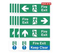 RDLCAR Safety Fire Exit Arrow Signs Pack of 15 Includes Left Right Up Arrows and Fire Exit Keep Clear Signs Self Adhesive 300mm x 100mm Door Mount Signage