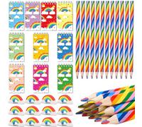 Rdlobu 34 Pcs Pencils Set：12 Pcs Rainbow Pencils + 12 Pcs Erasers +10 Pcs Mini Rainbow Notebooks,Regenbogenstifte Kinder,For Students Artist Home DIY School Office Gifts Supplies