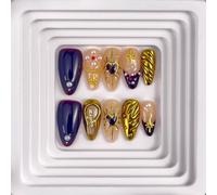 RDNTBEU Press on Nails Gold Medium Almond 3D Fake Nails Reusable Luxury Handmade Glue on Nails with Design French tip GEM Wave,Press ons Muti-Layer Gel Acrylic Handmade Nails for Wome Manicure(Size M)