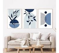 RDRDtbtr Boho Blue Geometric Line Leaf Canvas Painting Abstract Wall Art Modern Nordic Posters Prints Pictures for Living Room Home Decor 40x60cmx3 Unframed