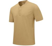 Rdruko Men's Golf Shirts Collarless Henley Dry Fit Athletic Casual Performance Blade Lightweight Polo T Shirts, Khaki, Large