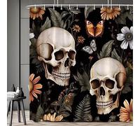 RDRUVA Skull Floral Shower Curtain Halloween Gothic Skeleton Vintage Flower Butterfly Horror Spooky Witchcraft Wildflowers Black Bathroom Curtains Decor with Hooks 70 x 70 in
