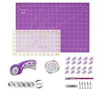 Rdutuok Rotary Cutter Set 45mm Fabric Cutter Set Quilting Kit, 5 Replacement Blades, A3 Cutting Mat(18X12"), Acrylic Ruler,Sewing Pins,Craft Knife and Craft Clips for Sewing and Crafting (Purple)