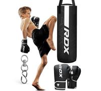 RDX 12KG Filled Kids Punch Bag with 6oz Boxing Gloves Steel Chain, 60CM Maya Hide Leather Hanging Junior Set for MMA Muay Thai Karate Kickboxing Training, Youth Punching Bag for Girls Boys Children