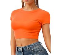 Re Tech UK - Women's Basic Ladies Short Sleeve Stretchy Crop Tops for Women, Slim Fit Crew Neck, Cropped T Shirt, Summer, Cute, Tshirt, Sizes 8-14 (S/M 8-10, Orange)