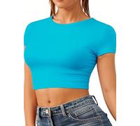 Re Tech UK - Women's Basic Ladies Short Sleeve Stretchy Crop Tops for Women, Slim Fit Crew Neck, Cropped T Shirt, Summer, Cute, Tshirt, Sizes 8-14 (S/M 8-10, Turquoise)