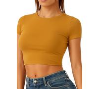 Re Tech UK - Women's Basic Ladies Short Sleeve Stretchy Crop Tops for Women, Slim Fit Crew Neck, Cropped T Shirt, Summer, Cute, Tshirt, Sizes 8-14 (S/M 8-10, Mustard)