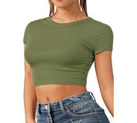 Re Tech UK - Women's Basic Ladies Short Sleeve Stretchy Crop Tops for Women, Slim Fit Crew Neck, Cropped T Shirt, Summer, Cute, Tshirt, Sizes 8-14 (S/M 8-10, Khaki)