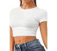 Re Tech UK - Women's Basic Ladies Short Sleeve Stretchy Crop Tops for Women, Slim Fit Crew Neck, Cropped T Shirt, Summer, Cute, Tshirt, Sizes 8-14 (M/L 12-14, White)