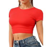 Re Tech UK - Women's Basic Ladies Short Sleeve Stretchy Crop Tops for Women, Slim Fit Crew Neck, Cropped T Shirt, Summer, Cute, Tshirt, Sizes 8-14 (M/L 12-14, Red)
