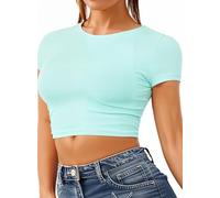 Re Tech UK - Women's Basic Ladies Short Sleeve Stretchy Crop Tops for Women, Slim Fit Crew Neck, Cropped T Shirt, Summer, Cute, Tshirt, Sizes 8-14 (S/M 8-10, Aqua Mint)
