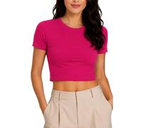 Re Tech UK - Women's Basic Ladies Short Sleeve Stretchy Crop Tops for Women, Slim Fit Crew Neck, Cropped T Shirt, Summer, Cute, Tshirt, Sizes 8-14 (S/M 8-10, Hot Pink)
