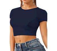 Re Tech UK - Women's Basic Ladies Short Sleeve Stretchy Crop Tops for Women, Slim Fit Crew Neck, Cropped T Shirt, Summer, Cute, Tshirt, Sizes 8-14 (M/L 12-14, Navy Blue)