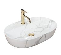 Rea AURA 61 Marble SHINY Countertop Washbasin Bathroom Sink 610 x 410 x 130 mm Ceramic (White, Imitation Marble)