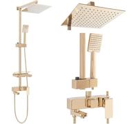 REA Shower Set Shower System with Rain Shower Square Shower Head 25 x 25 cm and Hand Shower Height Adjustable Shower Rail Made of Stainless Steel Shower Fitting with Hose 150 cm for Bathroom Gold