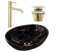 Rea Sofia Black Marble Countertop WashBasin Set + Long Gold Tap + Gold Drain, Ideal as a WashBasin or Toilet, Unique Design