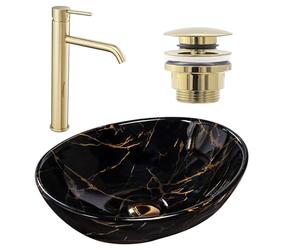 Rea Sofia Black Marble Countertop WashBasin Set + Long Gold Tap + Gold Drain, Ideal as a WashBasin or Toilet, Unique Design