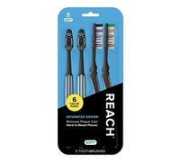 Reach Advanced Design Toothbrush with Toothbrush Cap, Angled Neck, Soft Bi-Level Bristles, Contoured Handle, Tongue Scraper, 6 Count