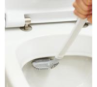Reach Everywhere Silicone Toilet Brush with Holder - Grey & White Soft Flexible Bristle Anti-Scratch Lightweight Effective Right-Angled Loo Cleaning Tool - Measures H41.5 x W7 x D10cm