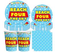 Reach Four the Sky Birthday Decorations Blue Sky Clouds Cartoon Story 4th Birthday Party Plates Napkins and Cups Tableware Set for Boys 4th Bday Party Supplies Serve 30 Guests