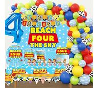Reach Four the Sky Birthday Party Supplies Cartoon Story 4th Bday Decorations Blue Sky Clouds 4th Birthday Party Supplies include Tableware Set Balloons Arch Backdrop Cake Cupcake Toppers Tablecloth