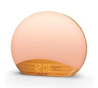 REACHER Wood Grain Sunrise Alarm Clock, Sleep Sound Machine & Night Light | Sunrise simulation, bedside lamp, digital dimmable clock, white noise and natural sounds for kid, adult sleeping