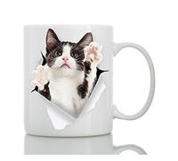 Reaching Tuxedo Cat Coffee Mug - Ceramic Funny Coffee Mug - Perfect Cat Lover Gift - Cute Novelty Coffee Mug Present - Great Birthday or Christmas Surprise for Friend or Coworker, Men and Women (11oz)