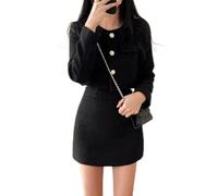 ReachMall Women 2PCS Set Tweed Pearl Button Jacket and A Line for MINI Skirt Casual Elegant Suit for Autumn and Spring Season (L Black)