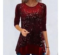 ReachMall Women Sequin Long Sleeve Blouse Casual Tunic Tops O Neck for Various Occasions (M Red)