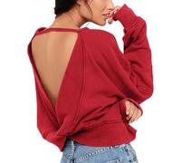 ReachMe Womens Open Back Sweatshirts Crop Backless Long Sleeve Shirts Off The Shoulder Crewneck Workout Tops, 0 Red, Medium