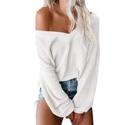 ReachMe Women's Oversized Off Shoulder Pullover Tops Long Sleeve Loose Fit Waffle Knit Tops - white - Medium