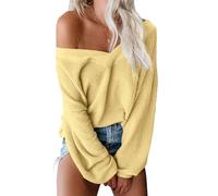 ReachMe Womens Oversized Off The Shoulder Tops Long Sleeve Waffle Knit Shirt Drop Shoulder Sweater Top, 00 Yellow, M
