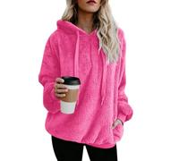 ReachMe Womens Oversized Sherpa Pullover Hoodie with Pockets Fuzzy Fleece Sweatshirt Buffalo Plaid Fluffy Coat, A Solid Hot Pink, Large