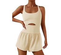 ReachMe Womens Running Onesie Workout Rompers Athletic Romper One Piece Outfits Exercise Jumpsuits Gym Yoga Clothes, Beige, M