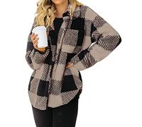 ReachMe Womens Sherpa Fleece Jacket Button Down Shirt Jacket Long Sleeve Shacket with Pockets Lapel Coat, B-black Khaki Plaid, X-Large