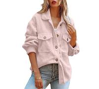 ReachMe Womens Sherpa Fleece Jacket Button Down Shirt Jacket Long Sleeve Shacket with Pockets Lapel Coat, Light Pink, XX-Large