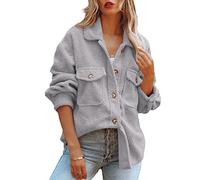 ReachMe Womens Sherpa Fleece Jacket Button Down Shirt Jacket Long Sleeve Shacket with Pockets Lapel Coat, Light Grey, Medium