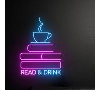 Read & Drink Neon Sign, Read Book Drink Tea Cup Neon Light, Bookworm LED Light, Bookish Led Sign, Coffee Shop Wall Art Room Decor, Book Cafe