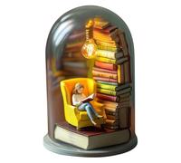 Reader Night Light, 3D Stacked Books Lamp, Tiny Bookshelf Library Statue, Glass Dome Book Nook Lamp, Miniature Book Lover Statue with Tiny Books & LED Light (A)