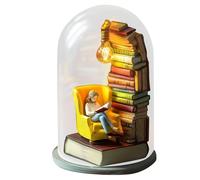 Reader Night Light, LED Resin Stained Stacked Books Lamp, 3D Miniature Book Lamp with Eye-Caring Warm Light, Glass Dome Book Nook Lamp for Home/Office/Library, Gift for Book Lovers (Yellow, A)